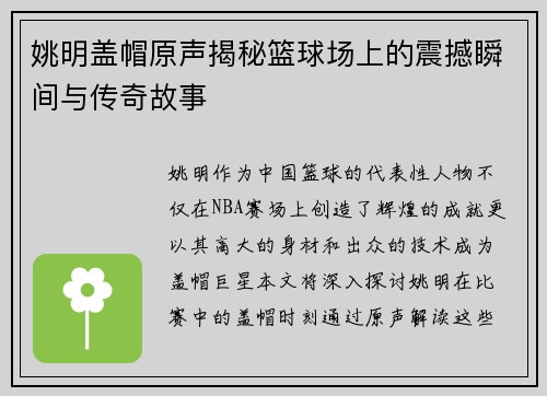 姚明盖帽原声揭秘篮球场上的震撼瞬间与传奇故事