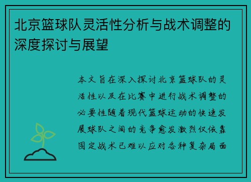 北京篮球队灵活性分析与战术调整的深度探讨与展望