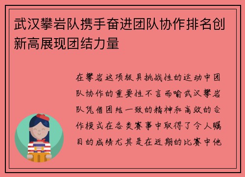 武汉攀岩队携手奋进团队协作排名创新高展现团结力量