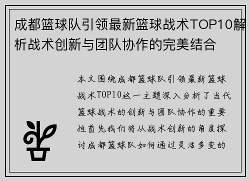 成都篮球队引领最新篮球战术TOP10解析战术创新与团队协作的完美结合
